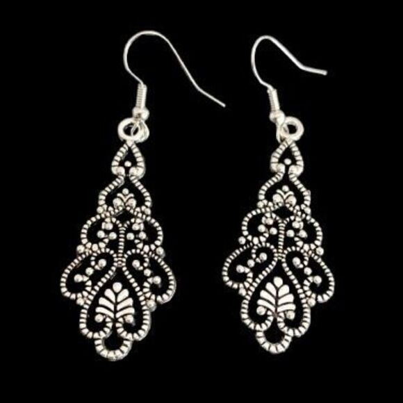 Handcrafted Silver Filigree Scroll Chandelier Earrings – Long Drop, Elegant Gift - Picture 1 of 9